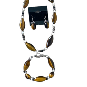 3 Pcs Tiger Eye Beads Bracelet, Earrings and Necklace Set.